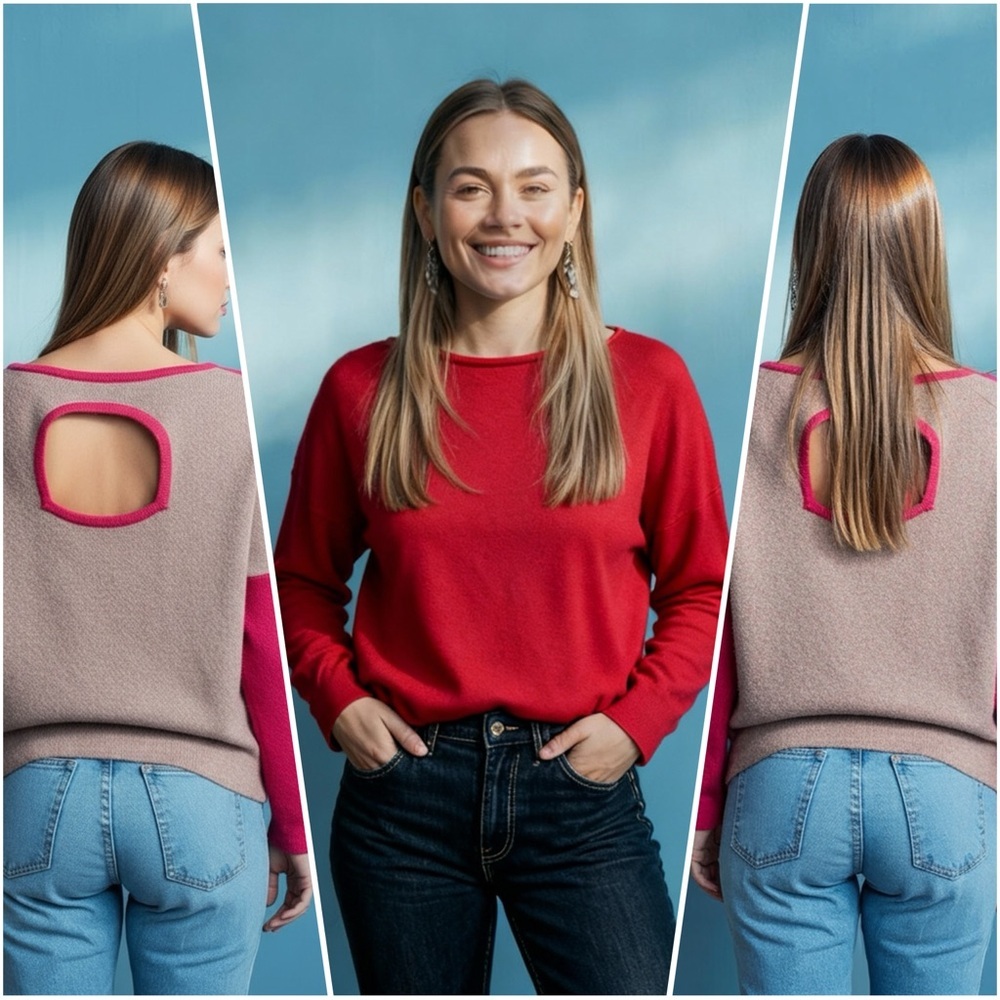 Cullen 100% Cashmere Crew Neck Sweater OpenBack Red Front Tan Back *back picture